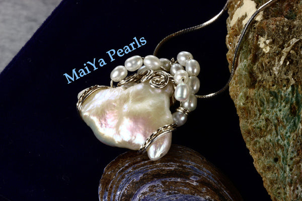 Pendant - Wire Sculpted Unique Large Keshi Pearl White