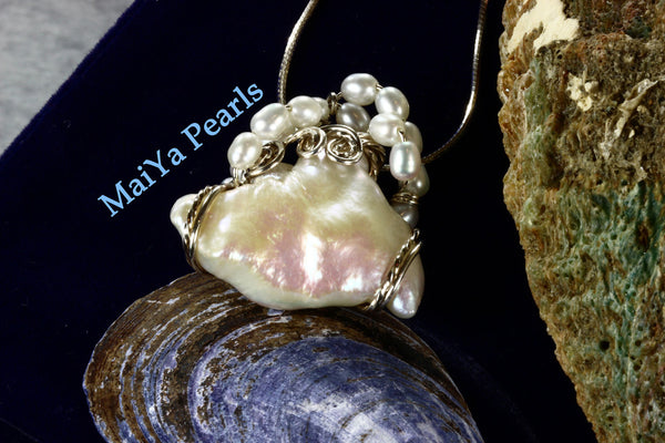 Pendant - Wire Sculpted Unique Large Keshi Pearl White