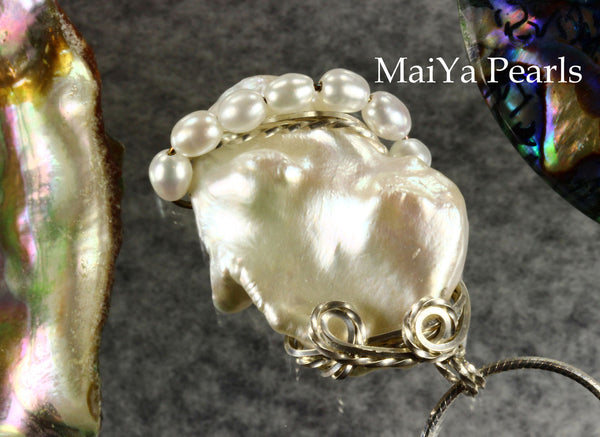 Pendant - White Keshi Pearl & SS Wire Wrapped