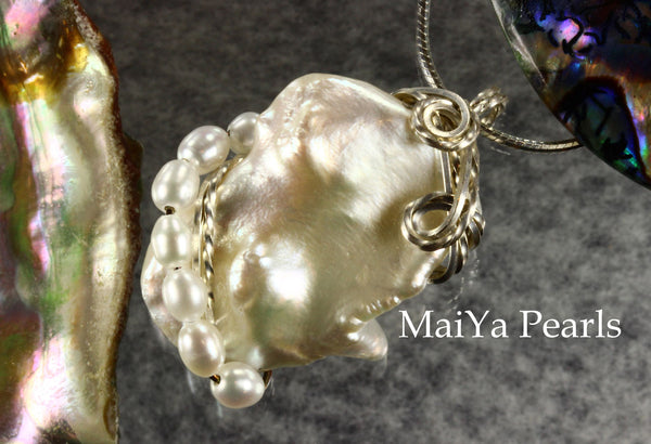 Pendant - White Keshi Pearl & SS Wire Wrapped