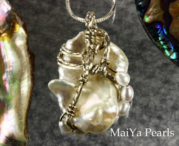 Pendant - White Keshi Pearl & SS Wire Wrapped