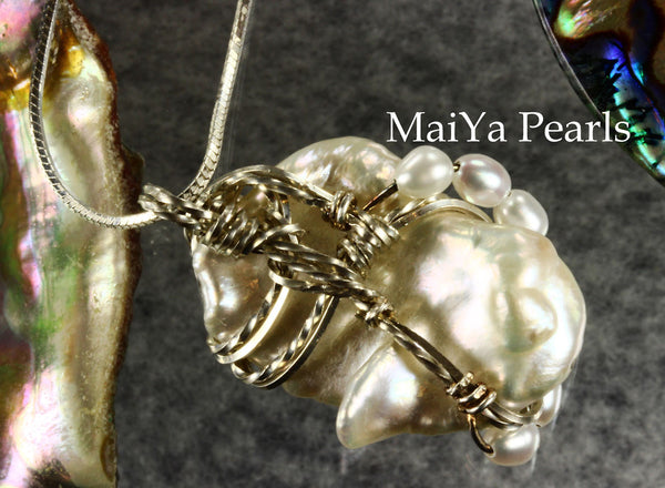 Pendant - White Keshi Pearl & SS Wire Wrapped