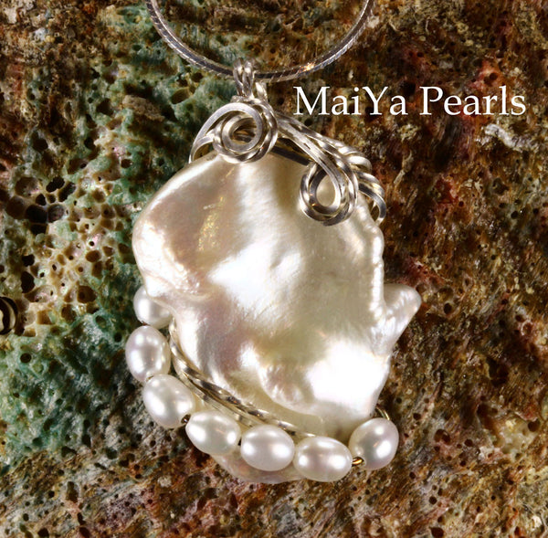 Pendant - White Keshi Pearl & SS Wire Wrapped