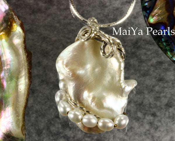 Pendant - White Keshi Pearl & SS Wire Wrapped