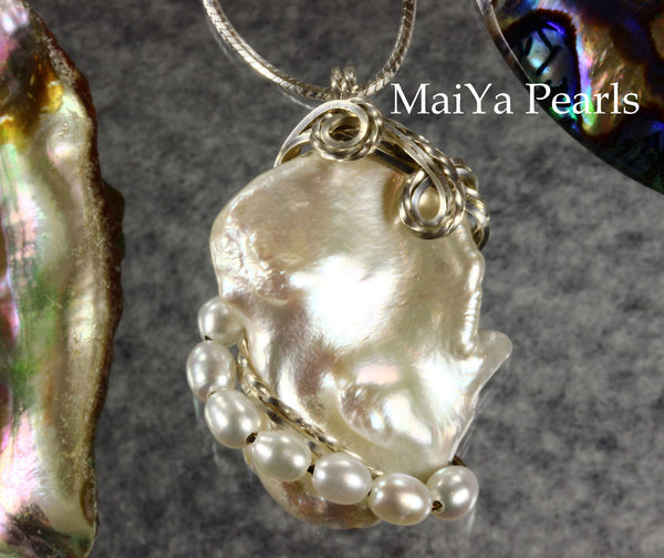Pendant - White Keshi Pearl & SS Wire Wrapped