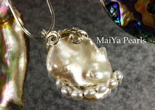 Pendant - White Keshi Pearl & SS Wire Wrapped