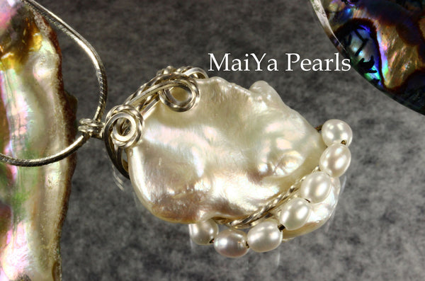 Pendant - White Keshi Pearl & SS Wire Wrapped