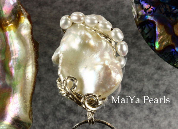 Pendant - White Keshi Pearl & SS Wire Wrapped