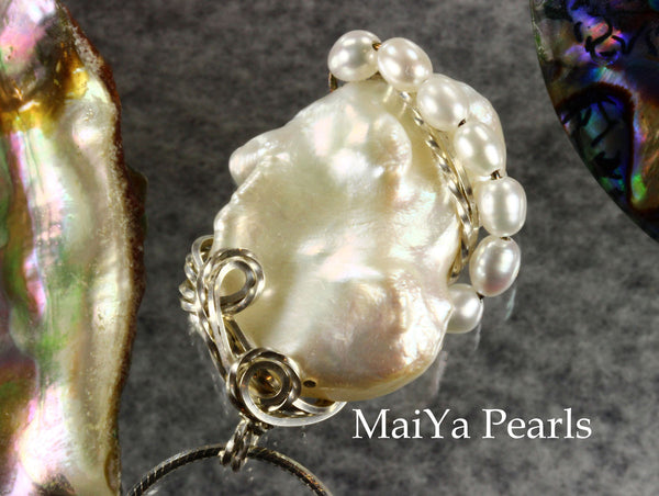 Pendant - White Keshi Pearl & SS Wire Wrapped