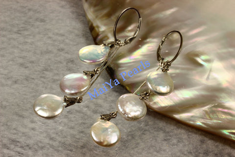 Earrings - 6 Coin High Lustre Coin / Flat Pearls White with Silver & Pinkish Overtones