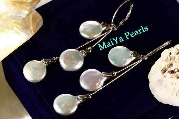 Earrings - 6 Coin High Lustre Coin / Flat Pearls White with Silver & Pinkish Overtones
