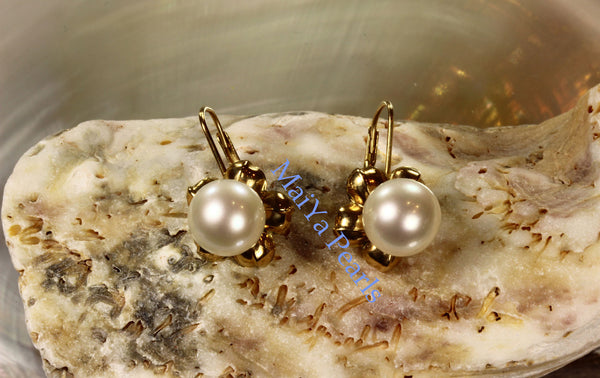 Earrings - 14k Yellow Gold Stunning AAA Off-White Freshwater Pearls on 14k Yellow Gold Flower Setting