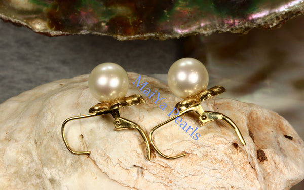 Earrings - 14k Yellow Gold Stunning AAA Off-White Freshwater Pearls on 14k Yellow Gold Flower Setting
