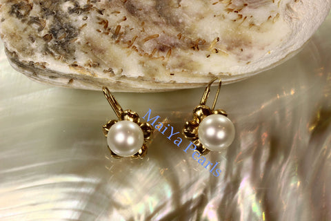 Earrings - 14k Yellow Gold Stunning AAA Off-White Freshwater Pearls on 14k Yellow Gold Flower Setting