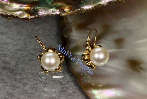 Earrings - 14k Yellow Gold Stunning AAA Off-White Freshwater Pearls on 14k Yellow Gold Flower Setting