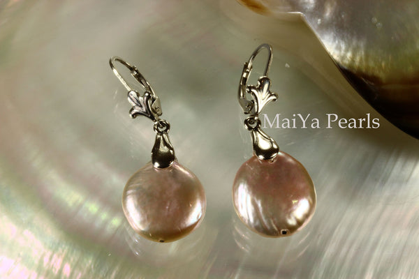 Earrings - AA+ Attractive Purple Coin Freshwater Pearl
