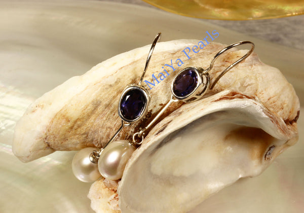 Earrings - A+ Iolite Faceted Purplish Blue & AAA Off-White Fine Waterdrop Freshwater Pearl