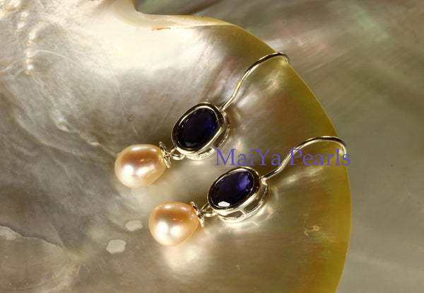 Earrings - Vivid A+ Iolite Natural & High Lustre Peach Freshwater Pearl