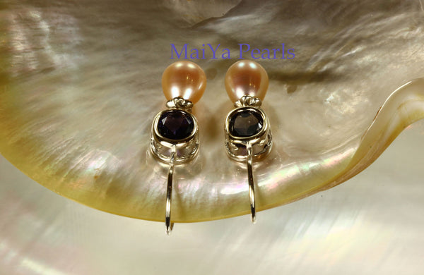 Earrings - Vivid A+ Iolite Natural & High Lustre Peach Freshwater Pearl