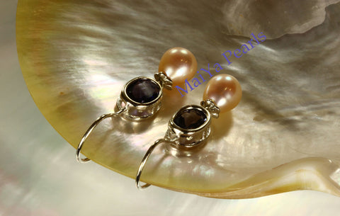 Earrings - Vivid A+ Iolite Natural & High Lustre Peach Freshwater Pearl