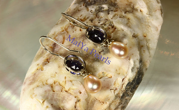 Earrings - Vivid A+ Iolite Natural & High Lustre Peach Freshwater Pearl