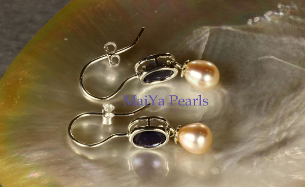 Earrings - Vivid A+ Iolite Natural & High Lustre Peach Freshwater Pearl