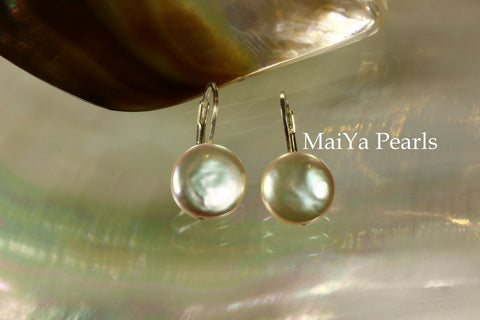 Earrings - Simply beautiful Coin Shape Peach Pearls Silver Leverback Earwire