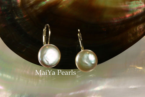 Earrings - Simply beautiful Coin Shape Peach Pearls Silver Leverback Earwire