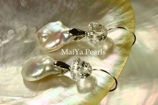 Earrings - AAA Lustrous Coin FW Pearls White & Crystal