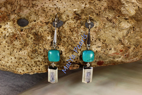 Earrings - Exceptional Blue Rainbow Moonstone Rectangle & Square Turquoise Natural Blue