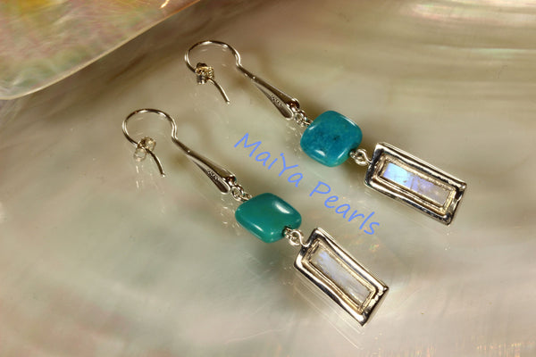 Earrings - Exceptional Blue Rainbow Moonstone Rectangle & Square Turquoise Natural Blue