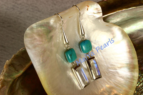 Earrings - Exceptional Blue Rainbow Moonstone Rectangle & Square Turquoise Natural Blue