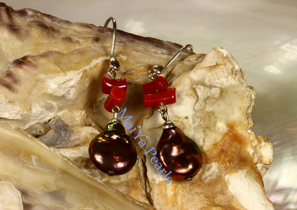 Earrings - Red Coral Earrings- Natural Red Coral Branch & High Lustre Purplish Brownish Black Coin / Flat Pearls