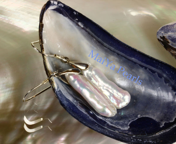 Earrings High Lustre White Stick Pearl Biwa Pearl Freshwater