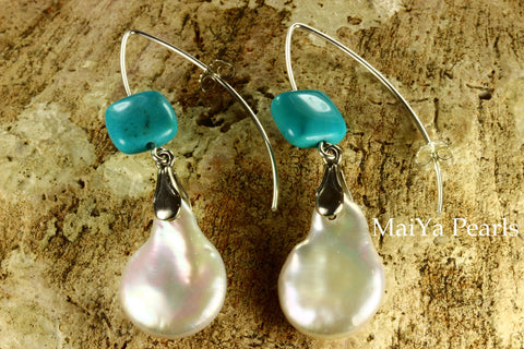 Earrings - Large Cointail Pearl & Square Turquoise