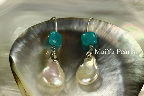 Earrings - Large Cointail Pearl & Square Turquoise