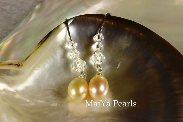 Earrings - Waterdrop Peach Pearl & Graduated Crystals