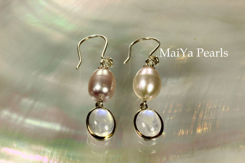 Earrings - Oval Moonstone & Waterdrop Purple FW Pearl