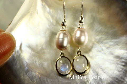 Earrings - Oval Moonstone & Waterdrop Purple FW Pearl