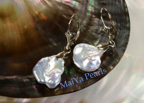 Earrings - Free Form All Nacre High Lustre Keshi Pearl White Freshwater