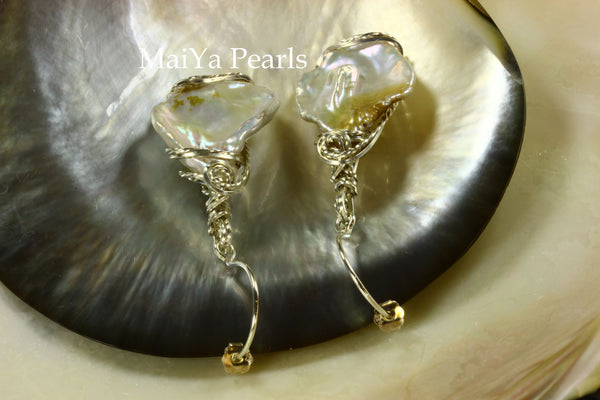 Earrings - Wire Sculpted Rare Bi-color Large Keshi Pearls