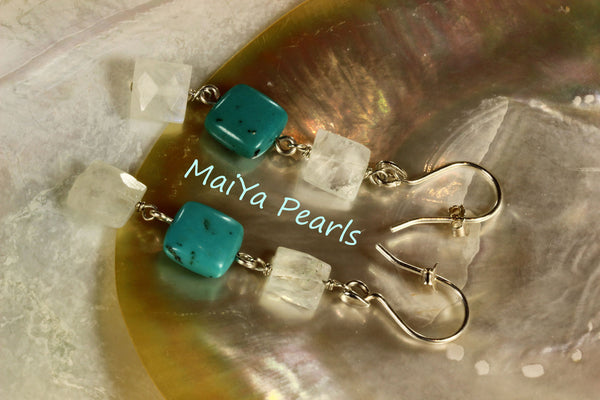 Earrings - Square Faceted Moonstone & Square Turquoise Natural Blue