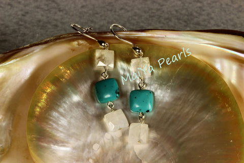 Earrings - Square Faceted Moonstone & Square Turquoise Natural Blue