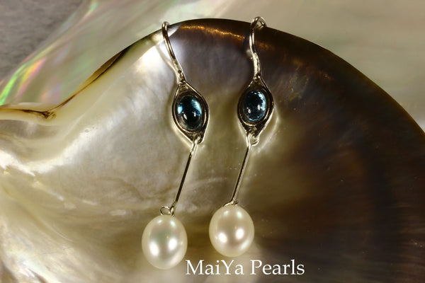 Earrings - Swiss Blue Topaz & Waterdrop White Pearls
