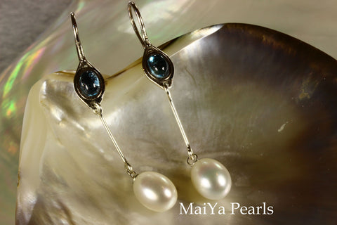 Earrings - Swiss Blue Topaz & Waterdrop White Pearls