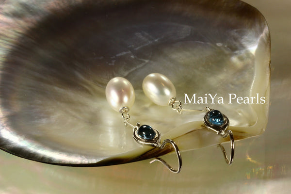 Earrings - Swiss Blue Topaz & Waterdrop White Pearls