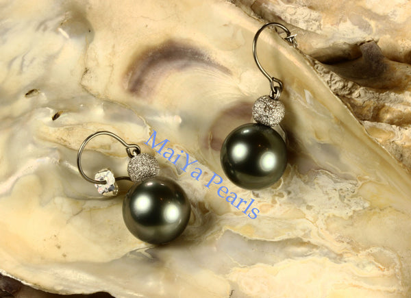 Earrings - AAA Tahiti Black Pearl & 14k White Gold Star Dust Beads