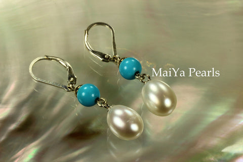 Earrings - Sleep Beauty Turquoise & Waterdrop White Pearls FW