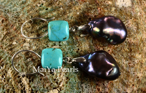 Earrings - Large Baroque Navy Blue Pearl FW & Square Natural Turquoise