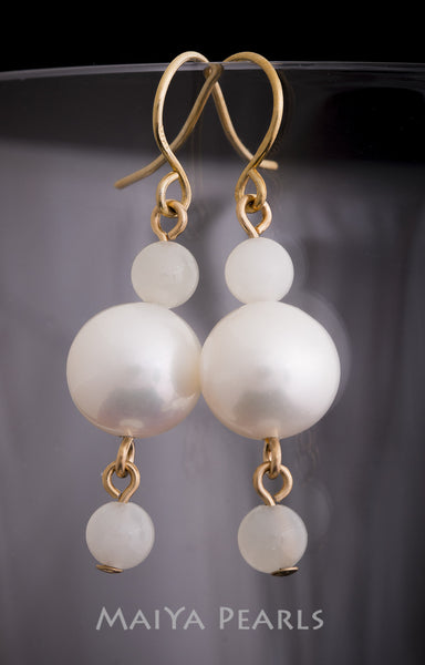Earrings - White Round Pearls with 2 moonstones